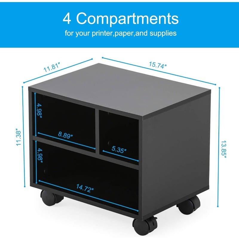 Mobile Printer Stand W/ Storage Under Desk Black Wood Small Rolling Printer gallery