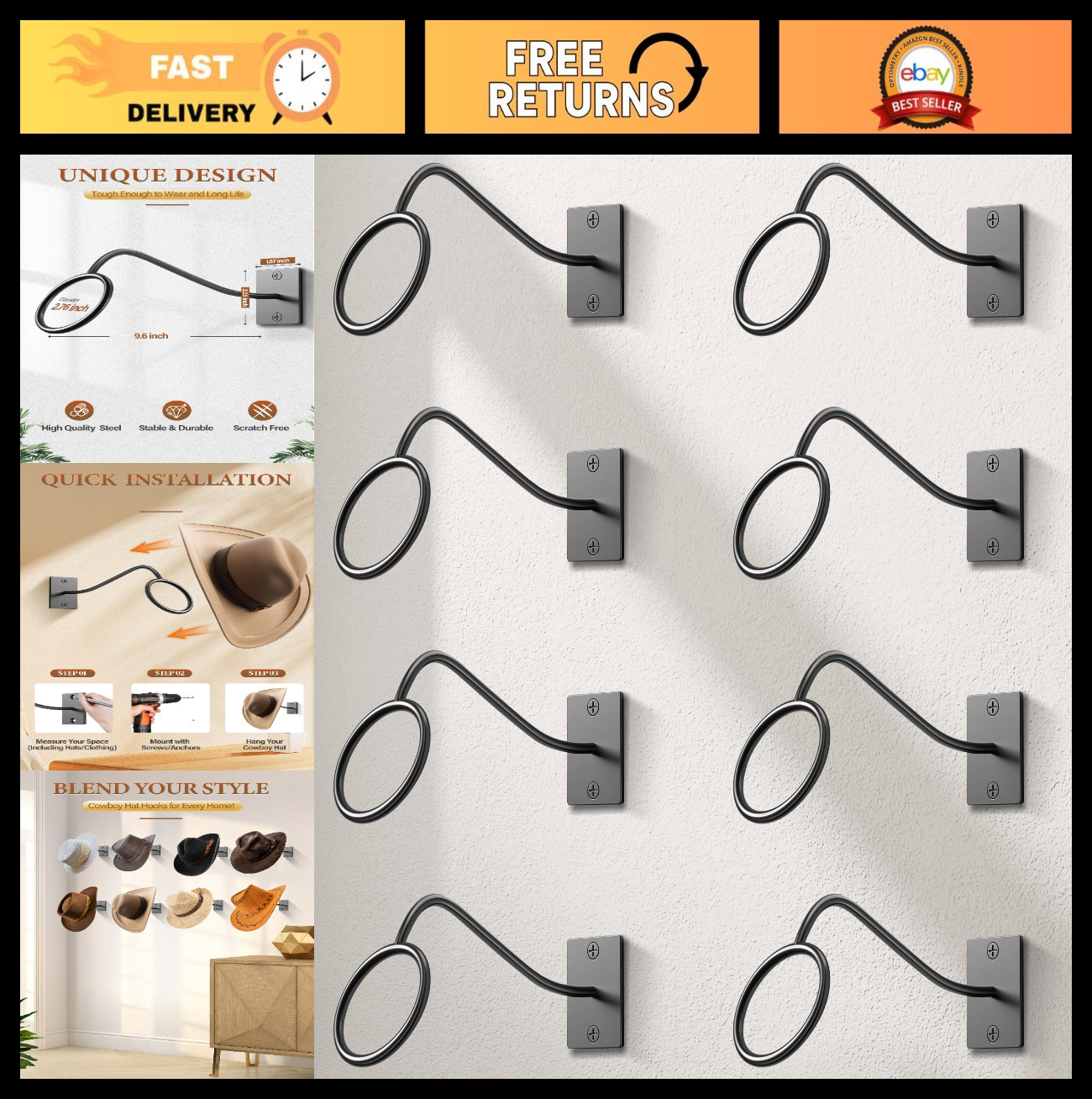 Wall-Mounted Cowboy Hat Rack - 8 Pack Rustic Metal Hat Holders for Western & Fed gallery