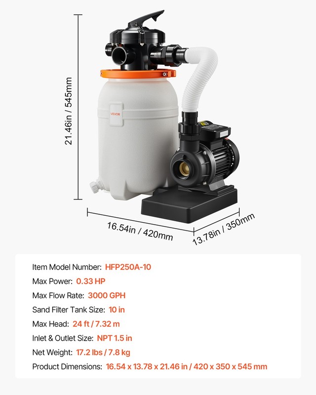 VEVOR Sand Filter Pump for Above Ground Swimming Pools 10" 3000 GPH 0.33HP Timer gallery