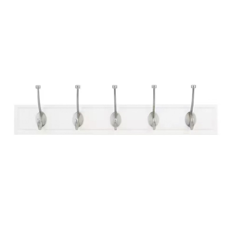 27-In White Wall Hook Rack with 5 Satin Nickel Hooks – Coat Hat Robe Organizer gallery