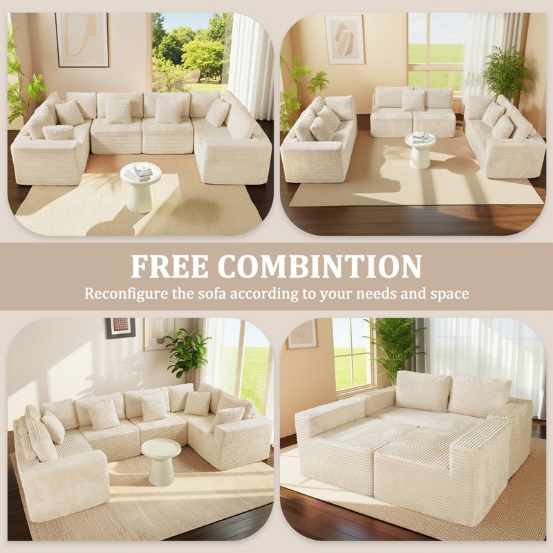 135" Beige Corduroy U-Shaped Modular Sofa 6-Seat Reversible Chaise Easy Assembly gallery