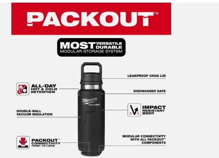 Milwaukee PACKOUT 36oz Insulated Bottle with Chug Lid Black 48-22-8397B New gallery