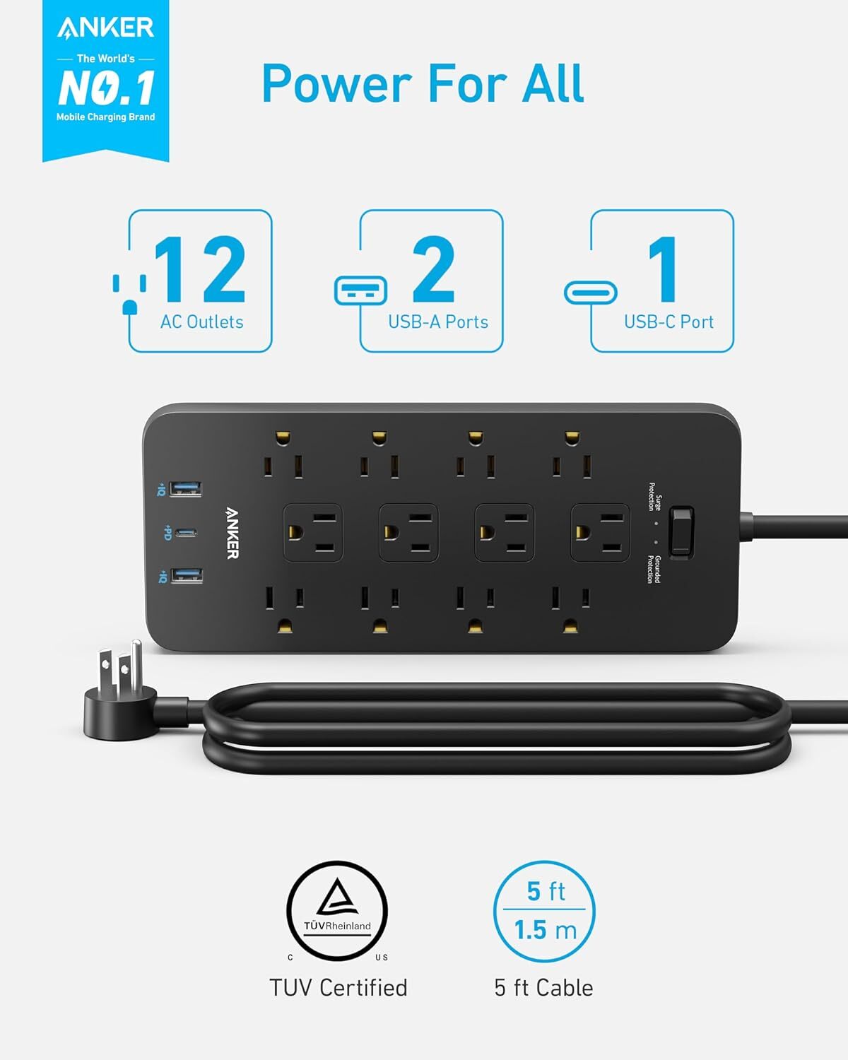 Anker 12 Outlets Power Strip USB C Charger Surge Protector (2100J) Flat Plug 5ft gallery