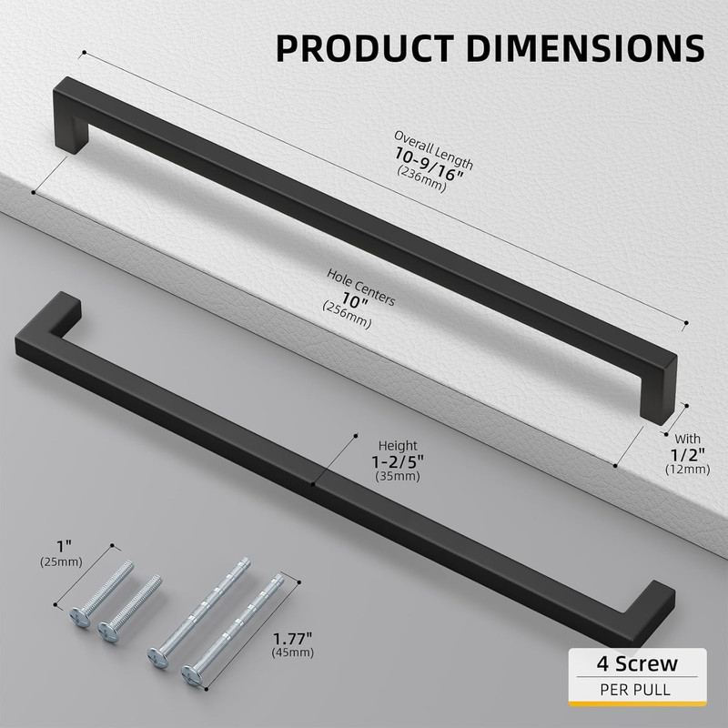 10 Pack Black Square Bar Cabinet Pull Drawer Handle Stainless Steel Modern Hardw gallery