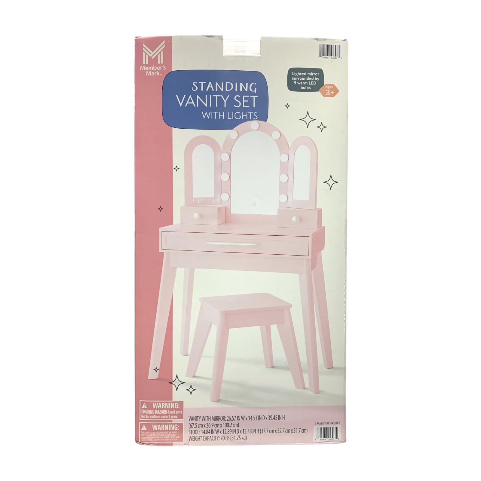 Member's Mark Vanity Set with Lights & Stool, Three Panel Mirror, 9 LED Lights gallery
