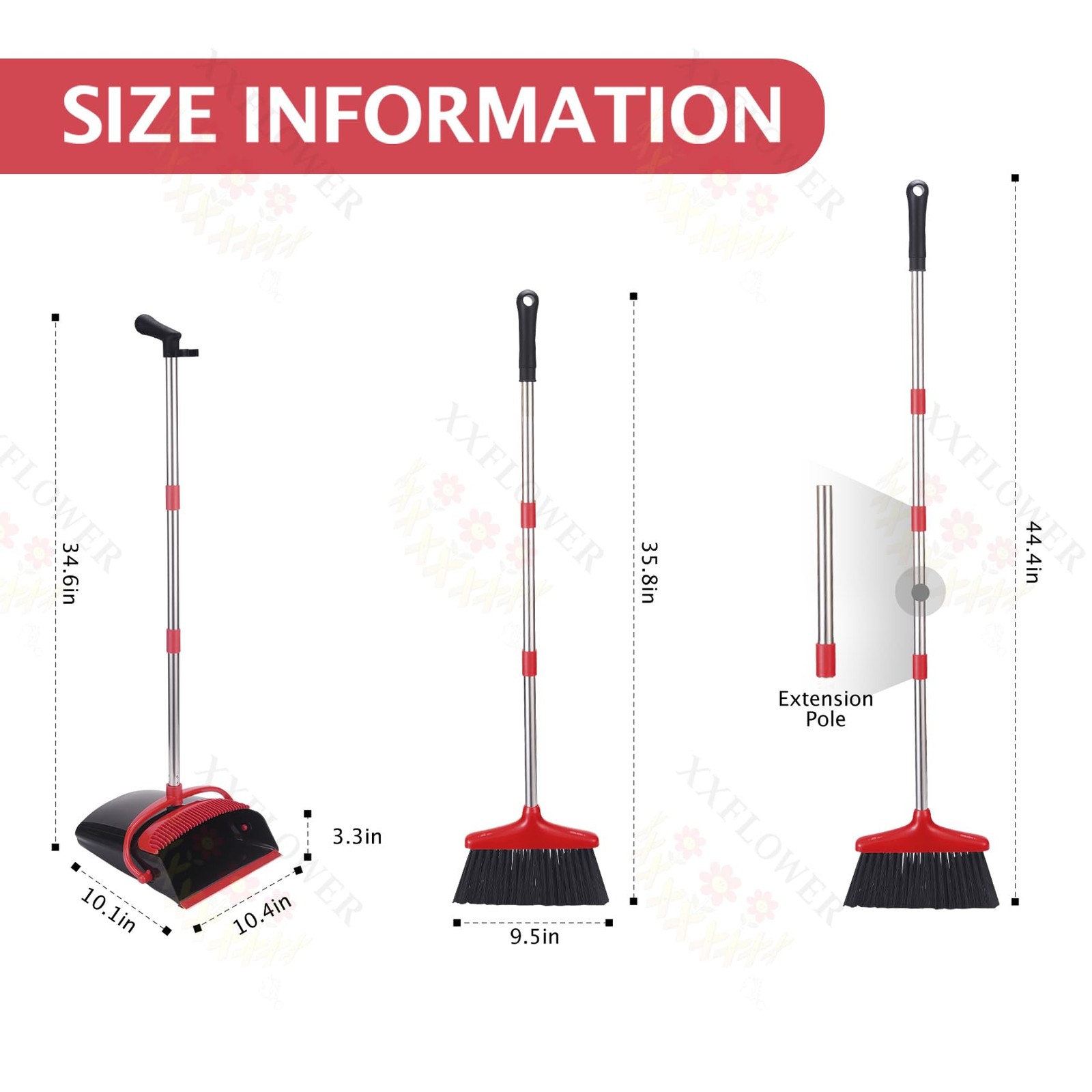 XXFLOWER Broom and Dustpan Set with Long Handle, Light Weight Stainless Steel... gallery