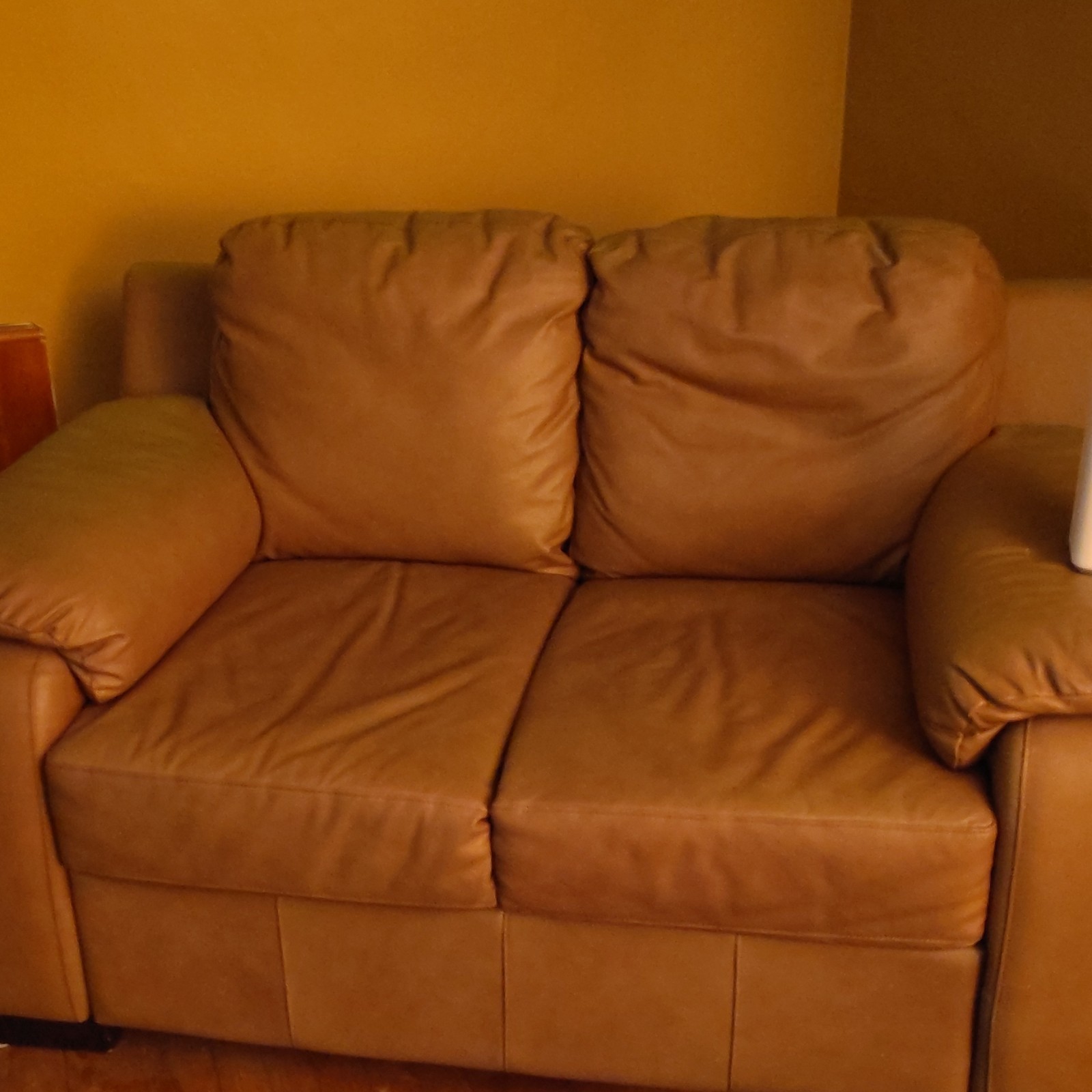 Brown Leather sofa and Loveseat Frame, 77x34x31in, Seats 6 comfortably gallery