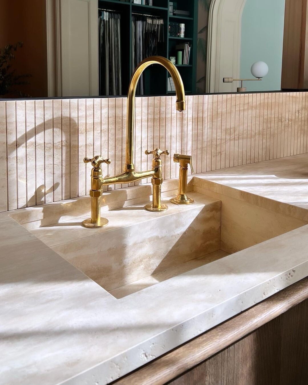 Unlacquered Brass Bridge Faucet, Kitchen Sink Faucet, Antique Brass 8 In Spread gallery