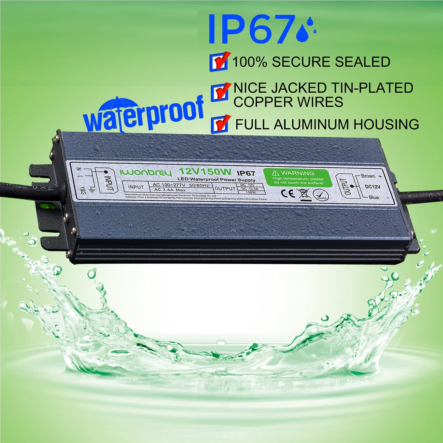 LED Driver 150 Watts Waterproof IP67 AC 110-260V to 12V 12.5A Low Voltage Transf gallery