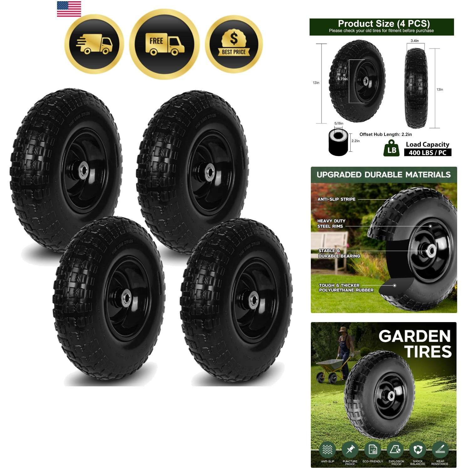 4 PCS 13 Inch Rubber Solid Flat Free Replacement Tires and Wheels 4.00-6 with... gallery