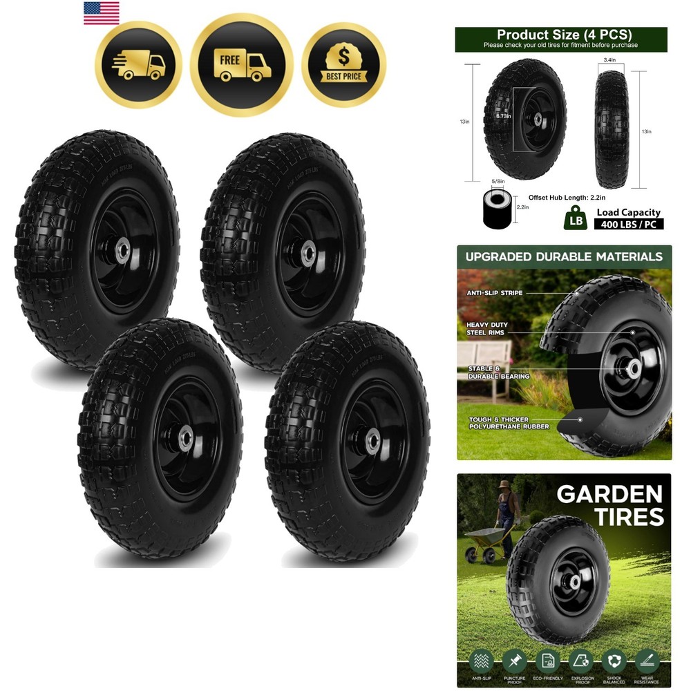 4 PCS 13 Inch Rubber Solid Flat Free Replacement Tires and Wheels 4.00-6 with...