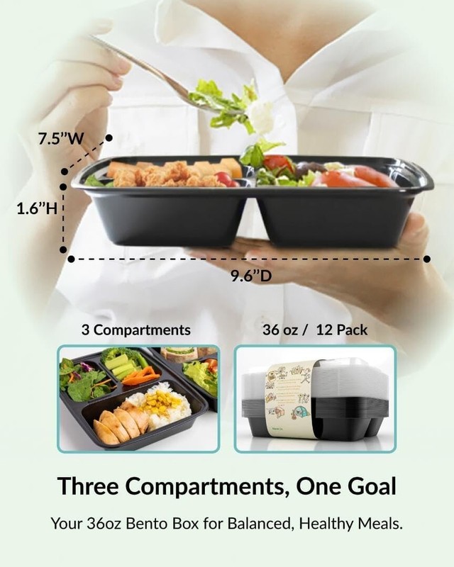 Enther Meal Prep Reusable Containers 36oz, 3 Compartment with Lids, [12 Pack] gallery
