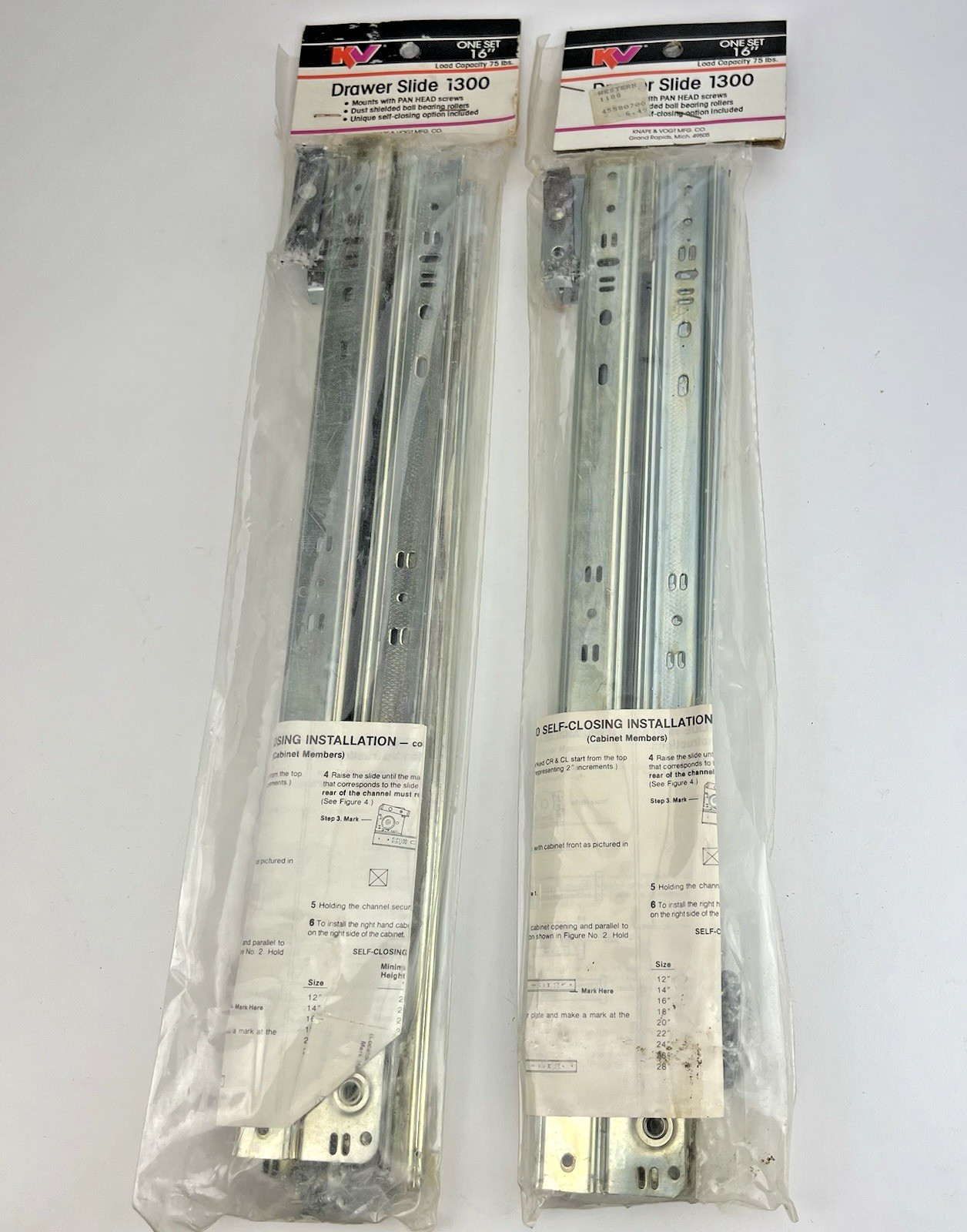2x sets Knape & Vogt KV 1300 Drawer Slide 14" Inch Side Mount 75 lbs NEW SEALED gallery