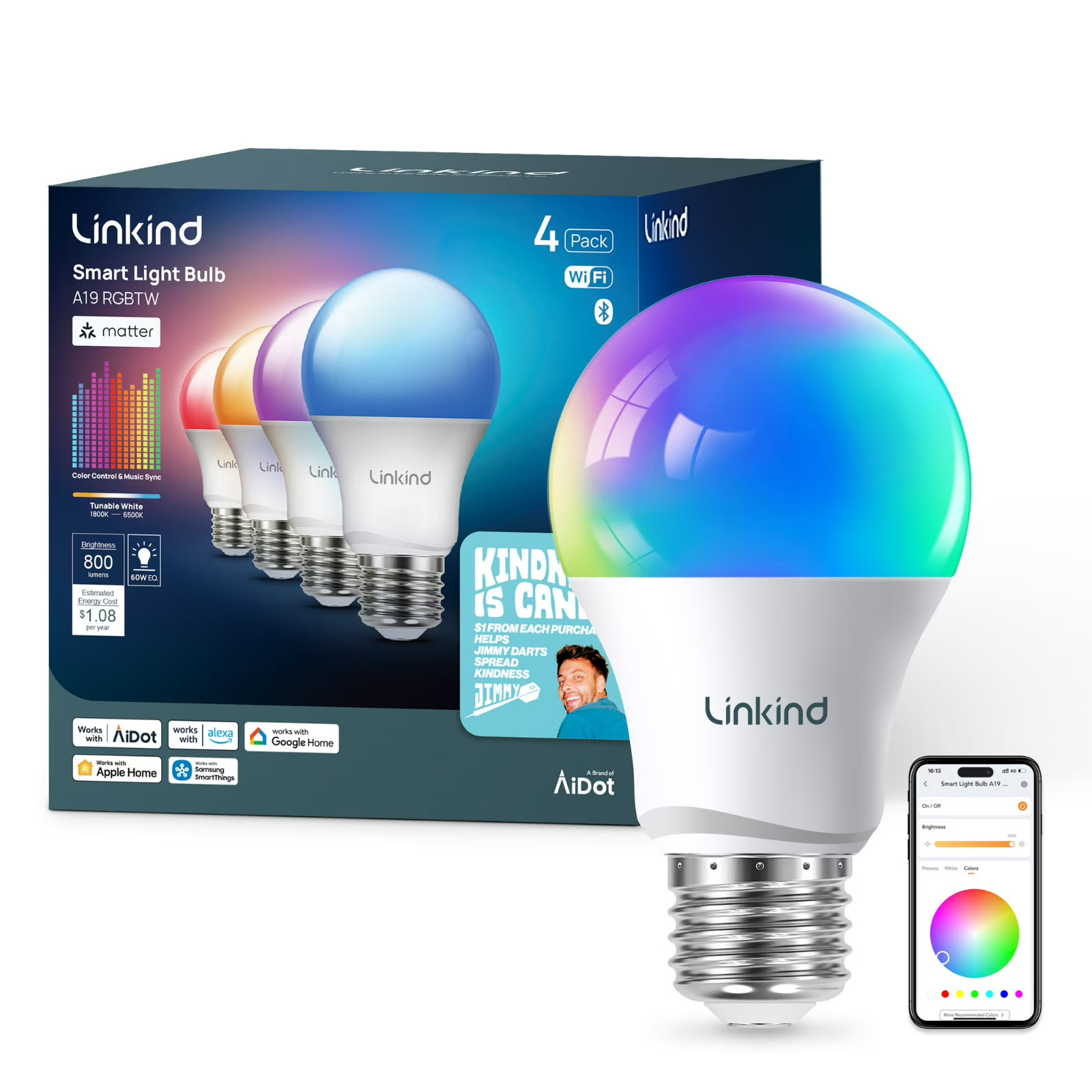 Linkind A19 Matter Smart Light Bulb, Color Changing Smart Bulb, 9W, 800lm, E26 B gallery