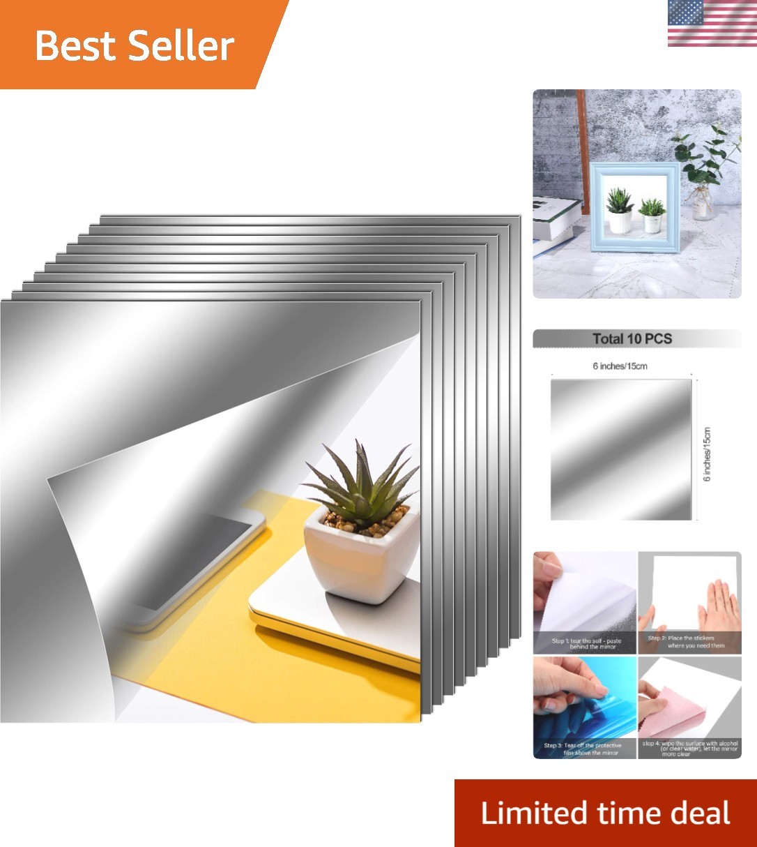 Thin and Lightweight Self-Adhesive Mirror Panels - 10x 6x6'' for Easy Decor gallery