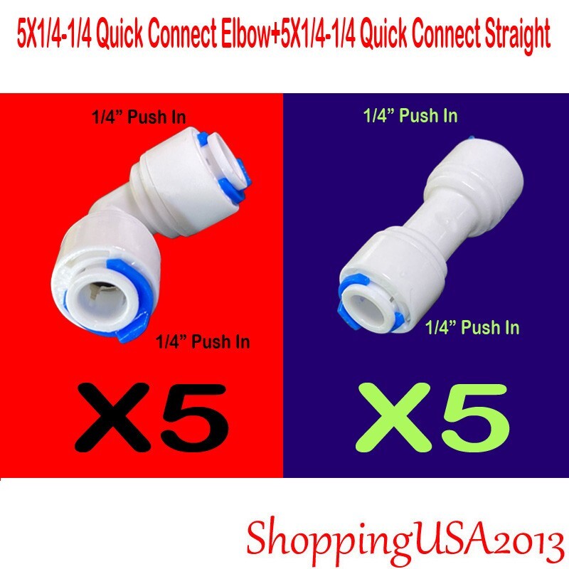 5 Pc Push In Straight + 5 Pc Quick Connect Elbow Fitting Connector RO 1/4-1/4 gallery