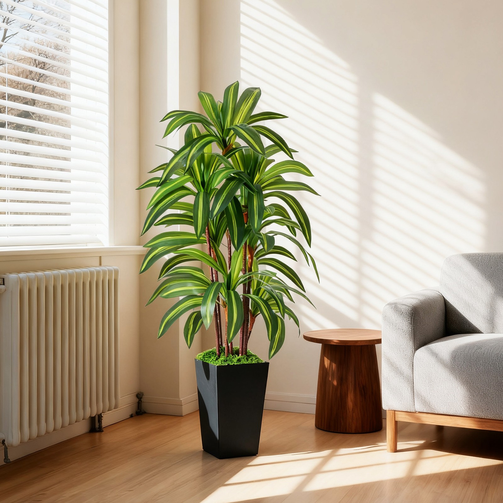 Artificial Dracaena Tree with Lights, 5Ft Fake Plants Black Tall Planter Indoor gallery