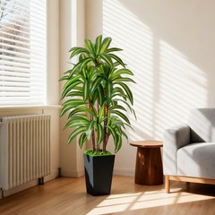 Artificial Dracaena Tree with Lights, 5Ft Fake Plants Black Tall Planter Indoor