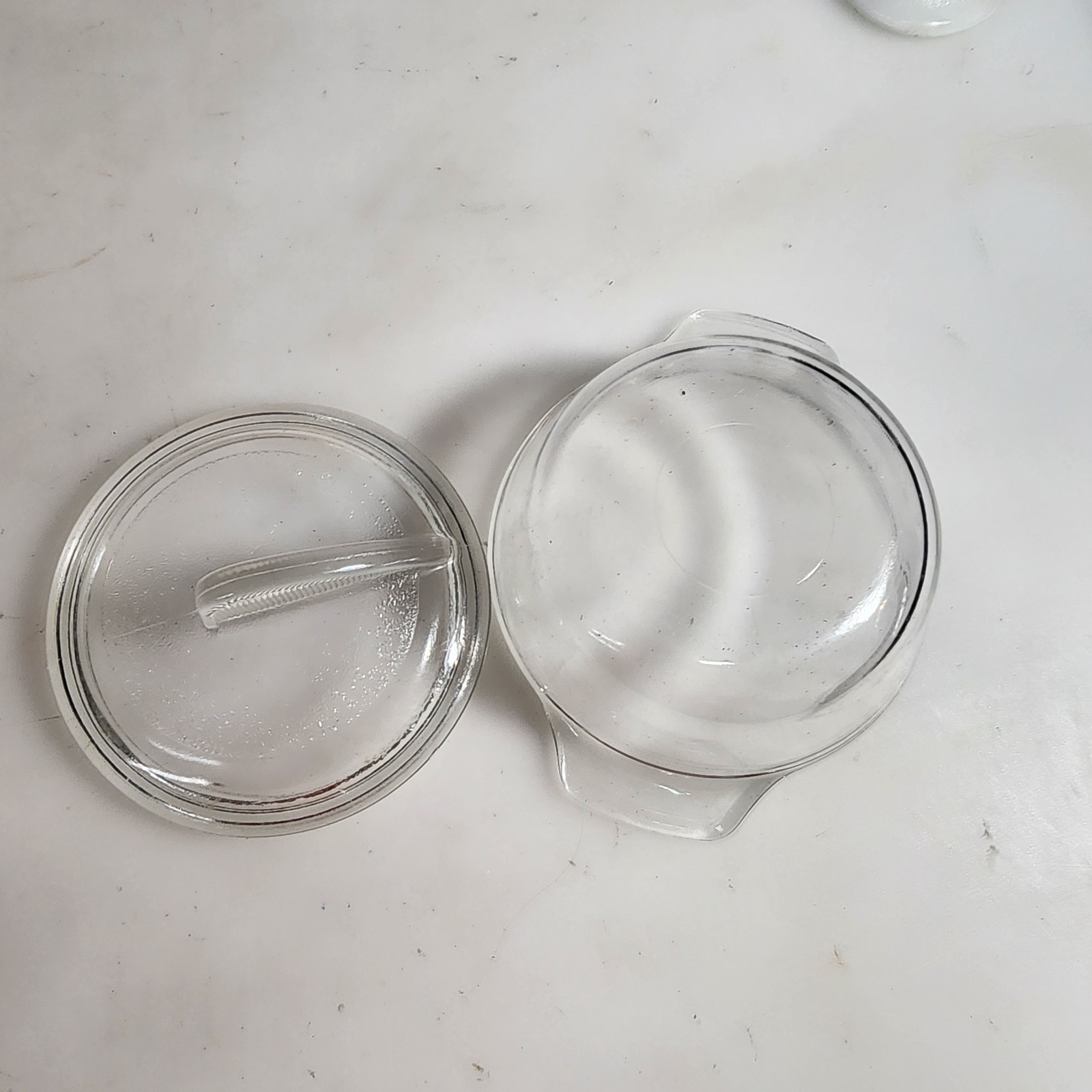 Vintage Glasbake Shark Fin Round Ribbed Handle 4 3/4” J-313 Lid & Bowl No Chips gallery