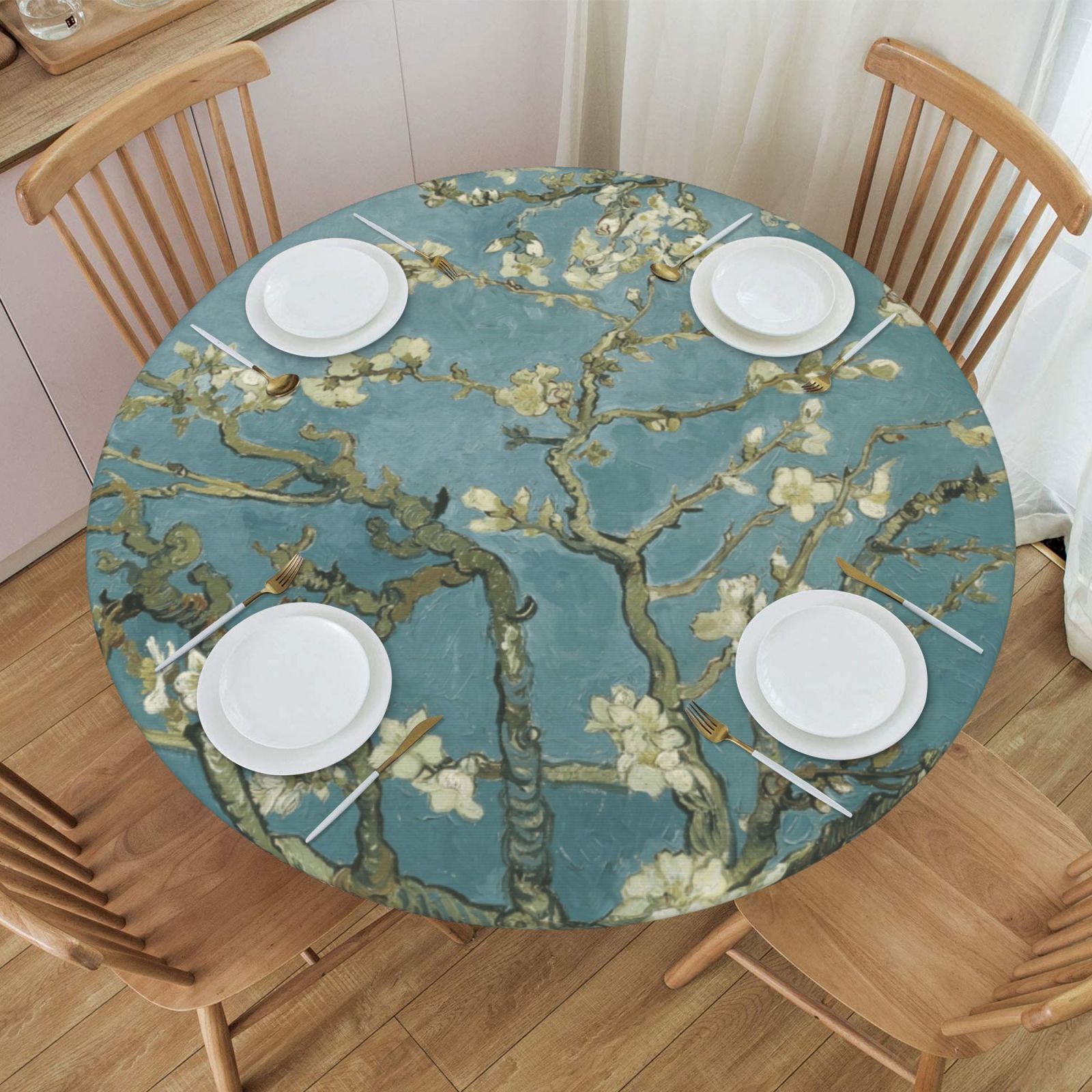 Vintage Floral Stretch Round Tablecloth Waterproof and Soft Polyester Tablecloth gallery
