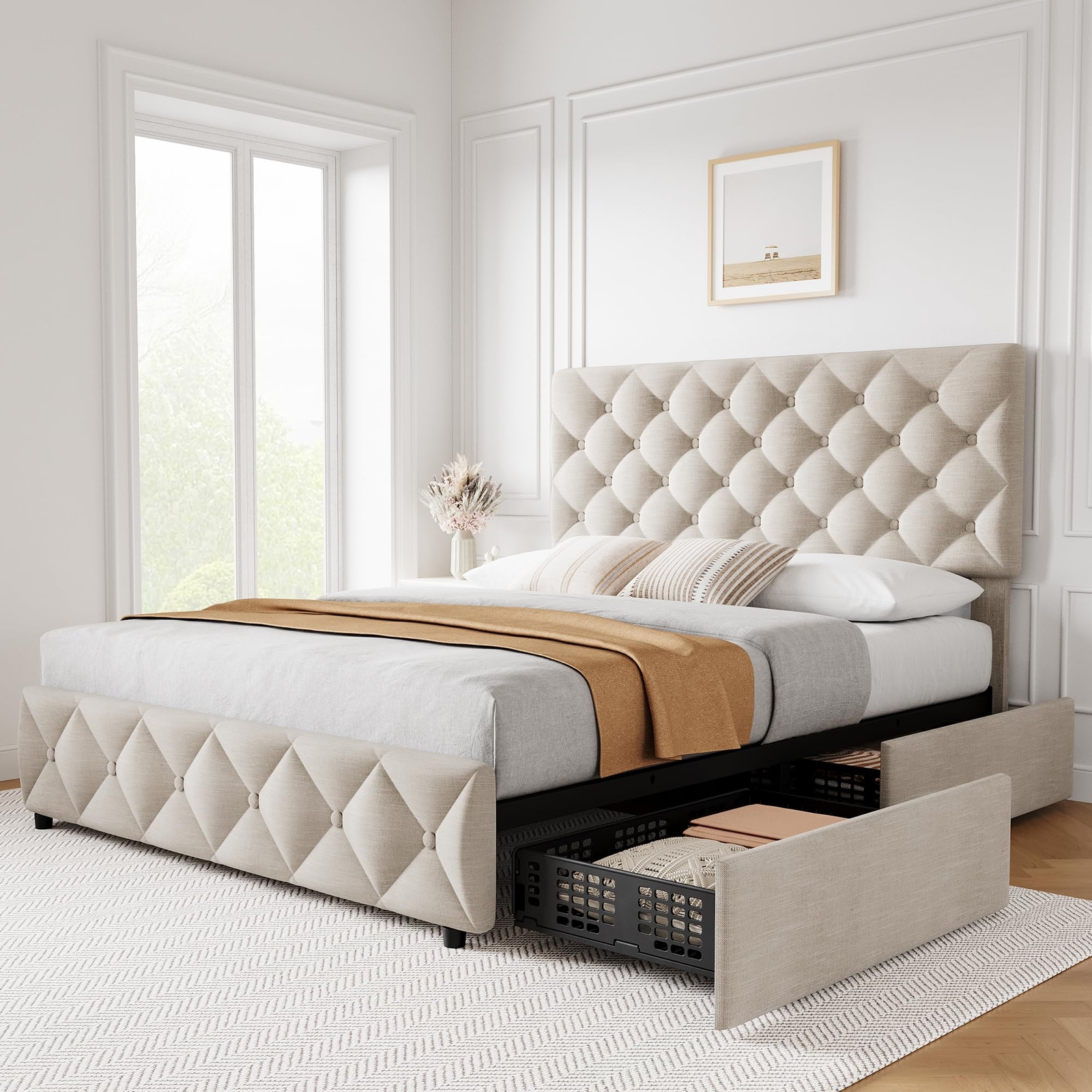 Full Size Bed Frame with 4 Storage Drawers, with Upholstered Platform Bed Frame gallery