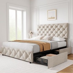 Full Size Bed Frame with 4 Storage Drawers, with Upholstered Platform Bed Frame