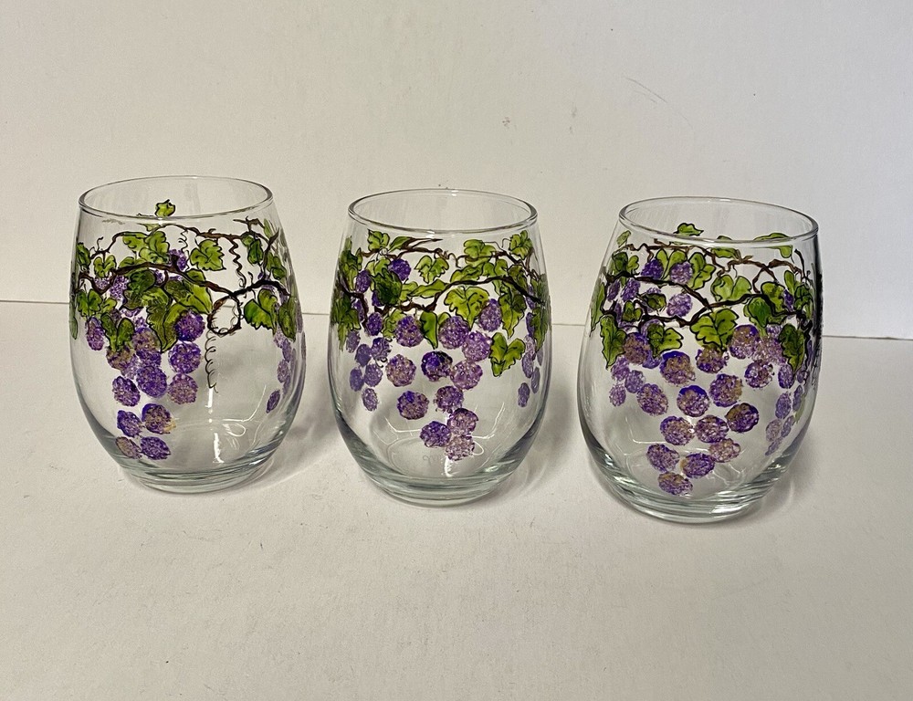 Hand Painted Grape Vine Clusters Stemless Wine Cocktail Glasses 12 oz 4.5”