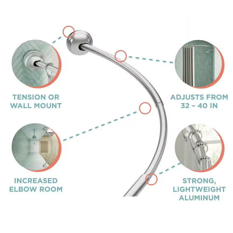 Neverrust Rustproof 40 In. Aluminum Dual Mount Curved Stall Shower Rod in Satin gallery