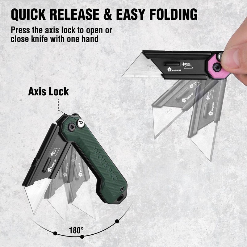 WORKPRO 3PCS Folding Utility Knife Quick Change Blade Box Cutter G10 Handle Axis gallery