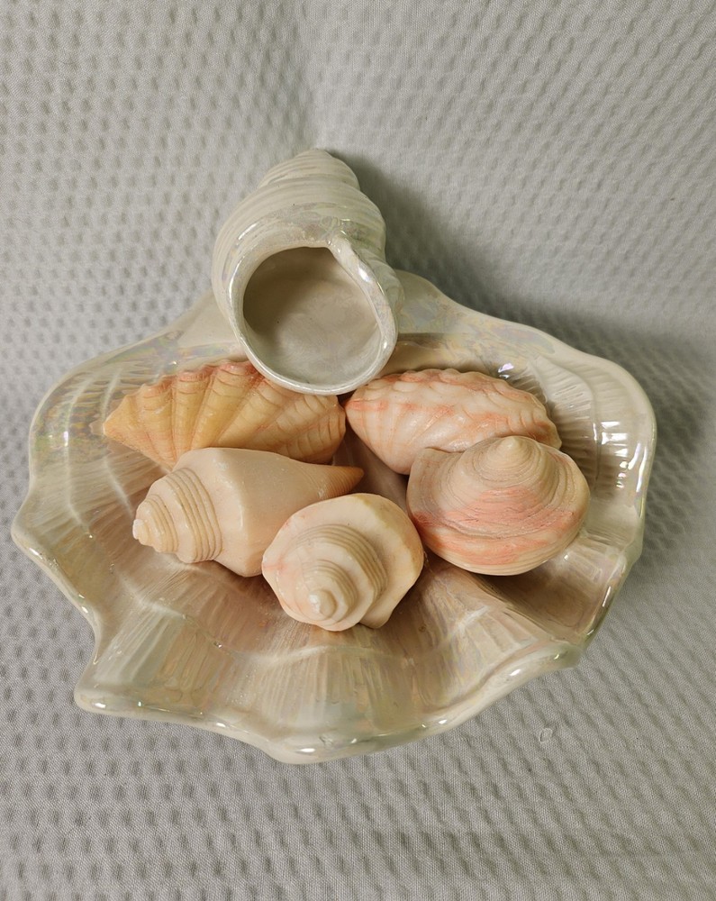 Sea Shell Iridescent Soap Dish EUC With Set Of 4 NEW Sea Shell Soaps