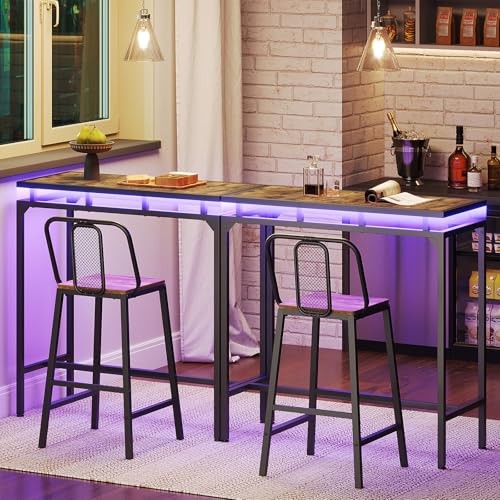 Rustic Brown + Black LED Bar Table with LED Lights - Counter Height Bar Table gallery