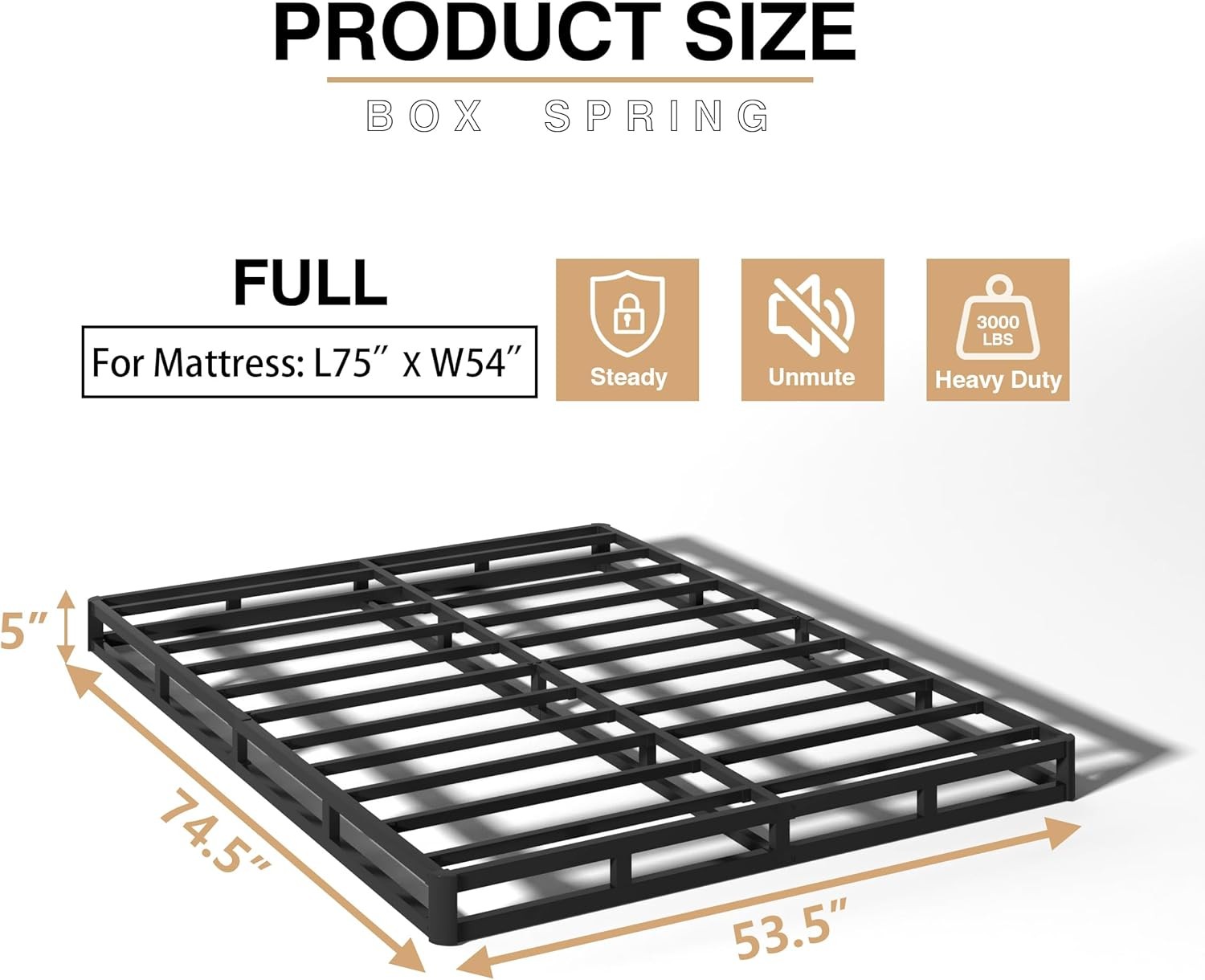 5 Inch Box Spring Full Size Bed, Heavy Duty Metal Mattress Foundation, 3000 lbs gallery