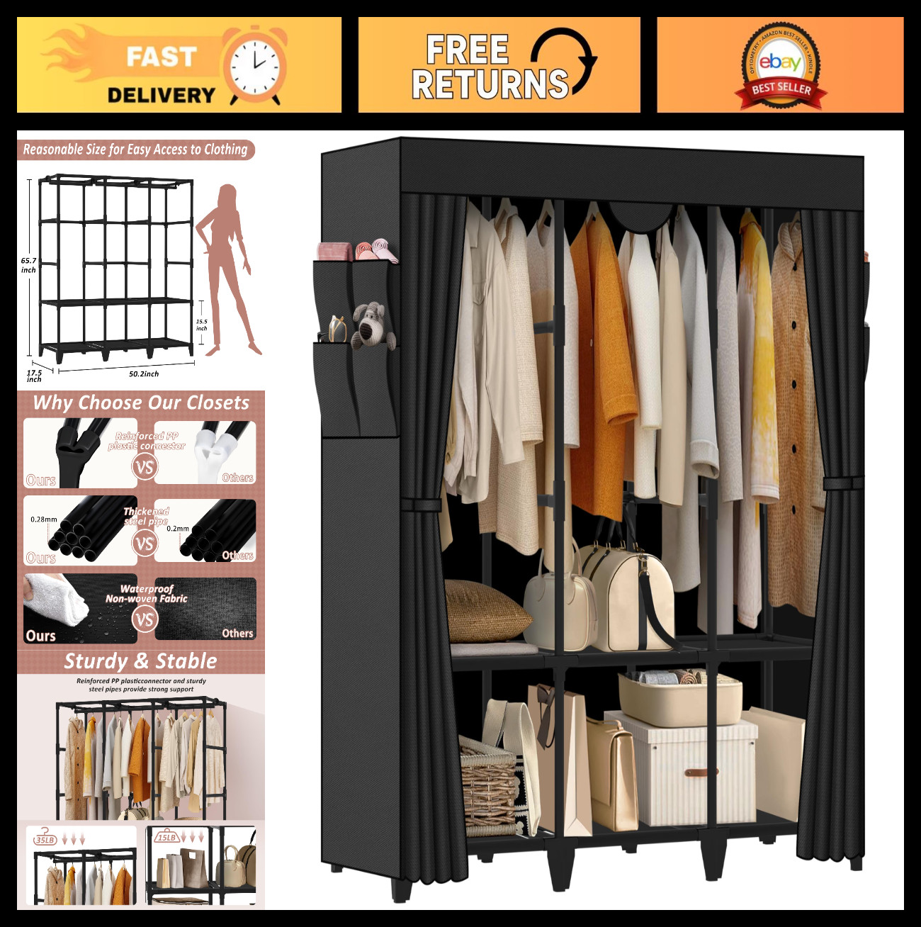 Large Portable Wardrobe Closet - Easy Assembly, 3 Hanging Rods, 6 Shelves, 8 Poc gallery