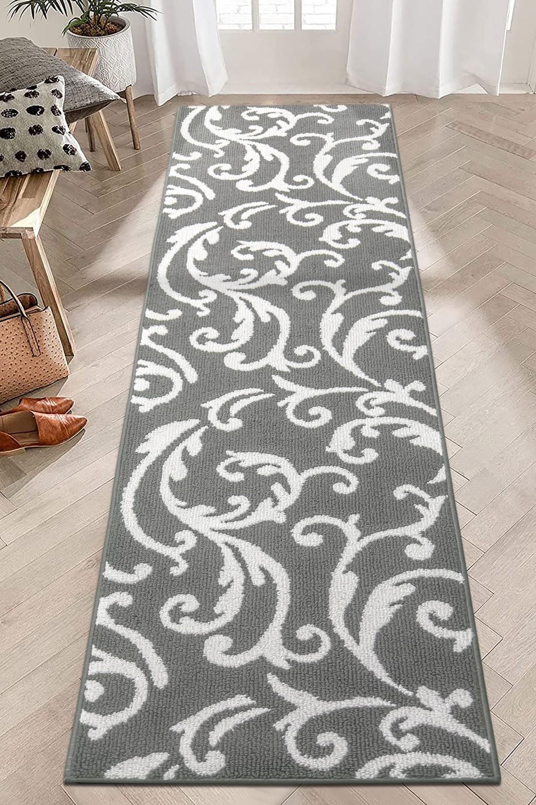 Hallway Kitchen Runner Rug Non Slip Rubber Back, Heavy Duty, Grey & White gallery