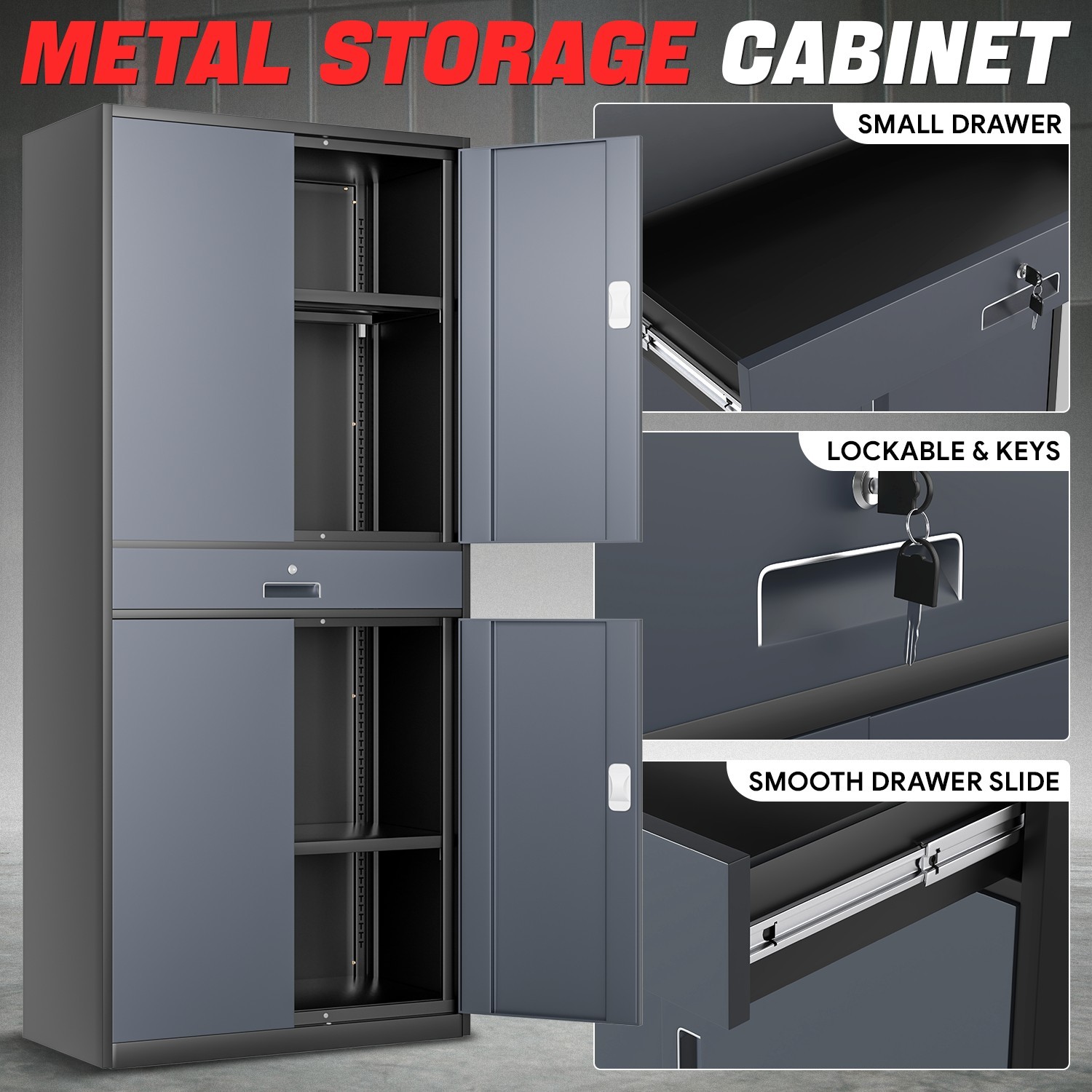 71" Lockable Heavy Duty Metal Storage Cabinet w/ Adjustable Shelves Gray/Black gallery