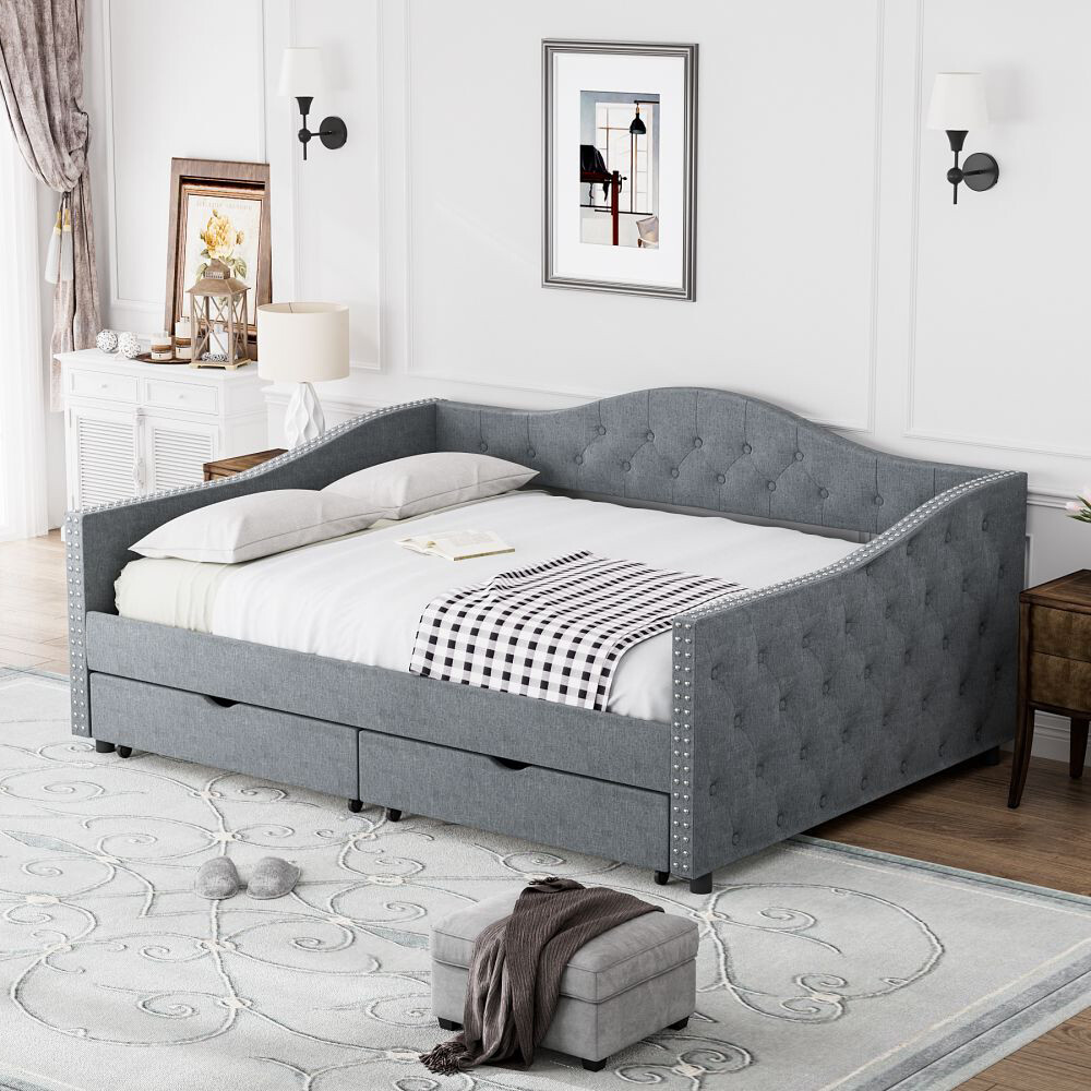 Full Size Linen Upholstered Daybed with 2 Storage Drawers Wood Slats Bed Frame gallery