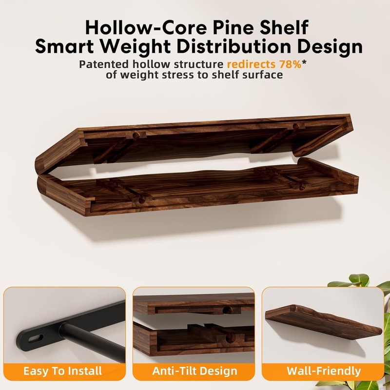24in Solid Wood Live Edge Floating Shelves Rustic Wall Shelf Set Walnut gallery