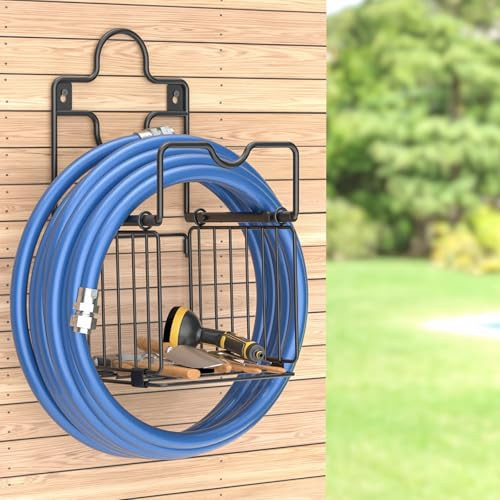Metal Hose Holder with Tool Storage Basket - Sturdy Garden Hose Stand Wall gallery