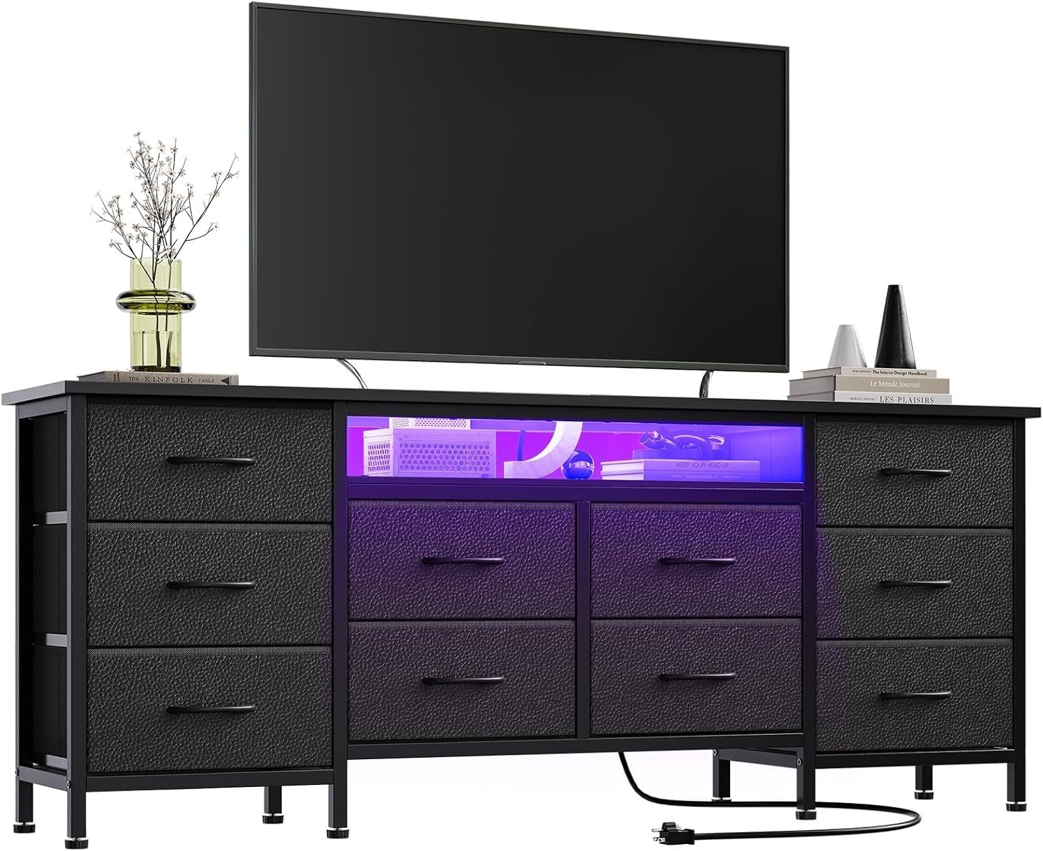 63" TV Stand with 10 Drawers, LED Lights, Power Outlets,Long Dresser for Bedroom gallery