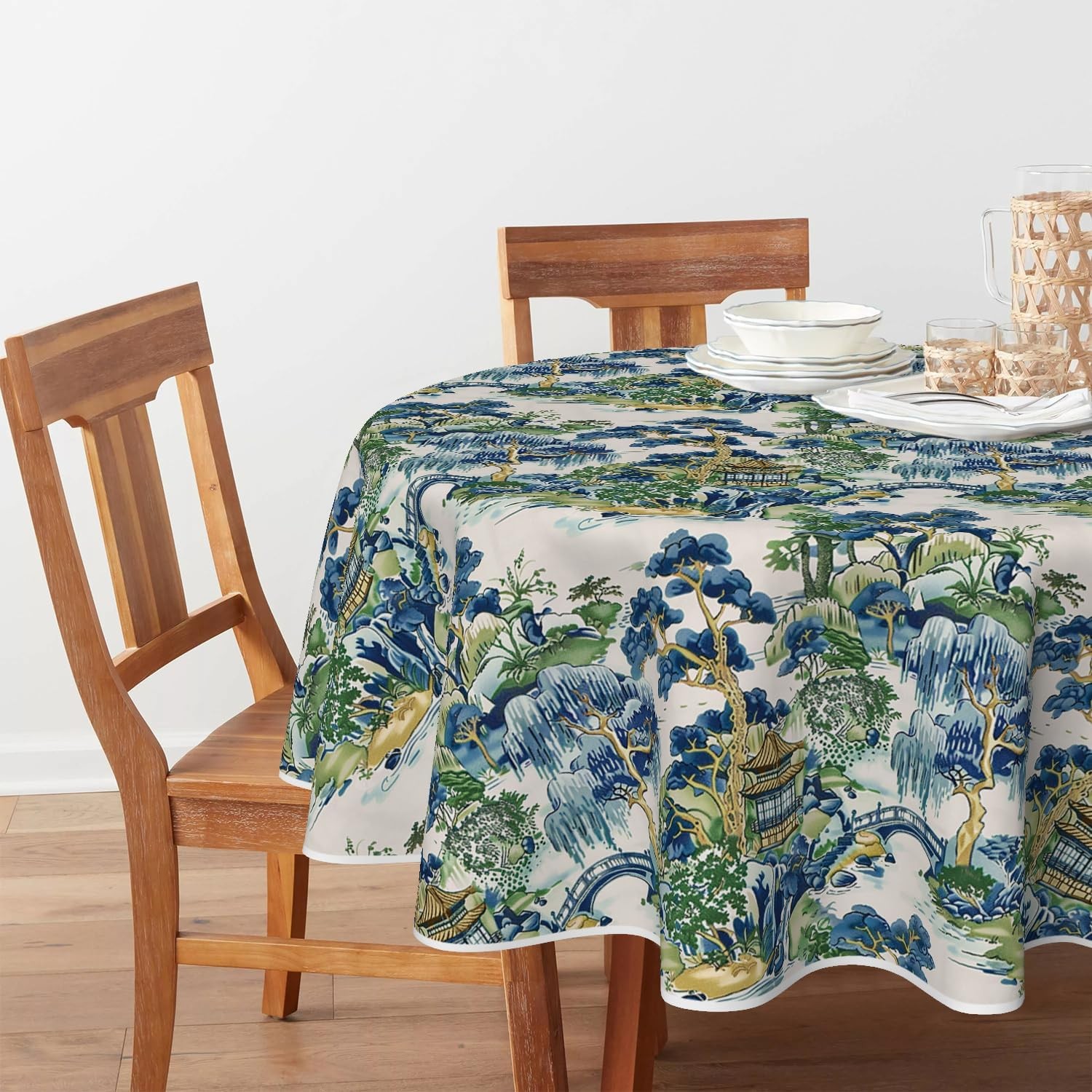Decorativear Tablecloth 90×90 Inch Round, Seasonal House Trees Vintage Style gallery