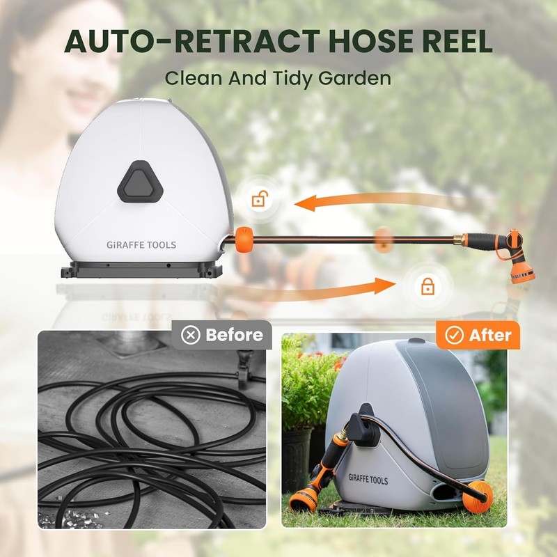 Giraffe Tools Ground Mounted Retractable Garden Hose Reel w/ 82-130FT Water Hose gallery