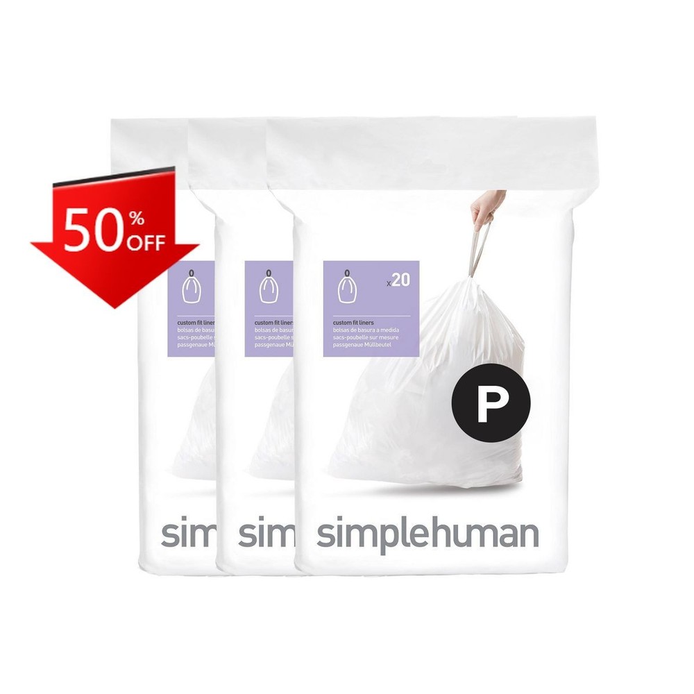 simplehuman 50-60L Code P Custom Fit Kitchen Trash Bag Liners 3 Quick 60ct
