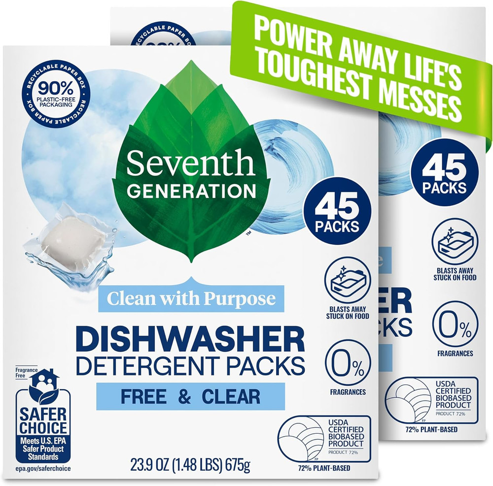 Seventh Generation Dishwasher Detergent Packs Free & Clear 45 Count 2-Pack