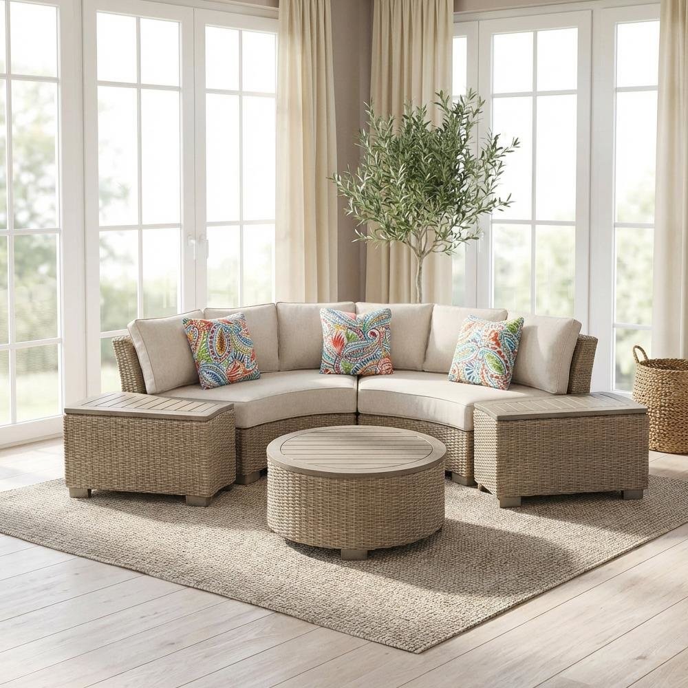 Tan Round Outdoor Coffee Table with Wood Legs and Transitional Design gallery