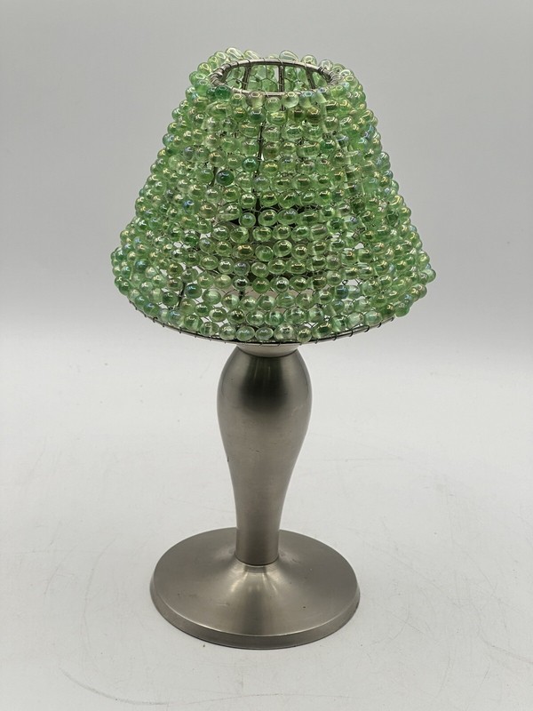 Tealight Lamp Silver Tone Candlestick With Green Glass Beaded Shade 10” OA gallery