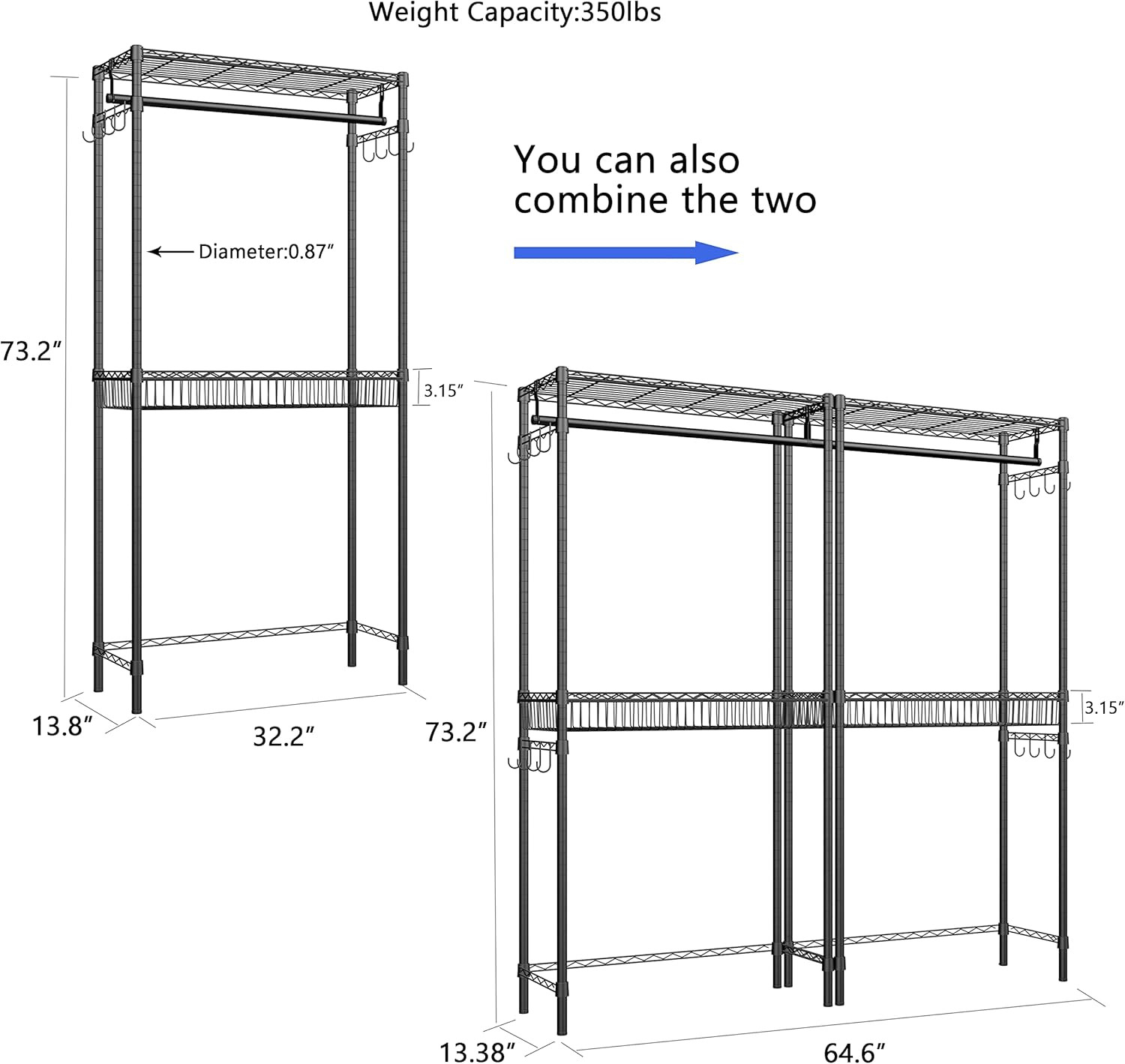 Adjustable 2-Tier Washer Dryer Storage Shelf with Hooks - Black Laundry Rack gallery