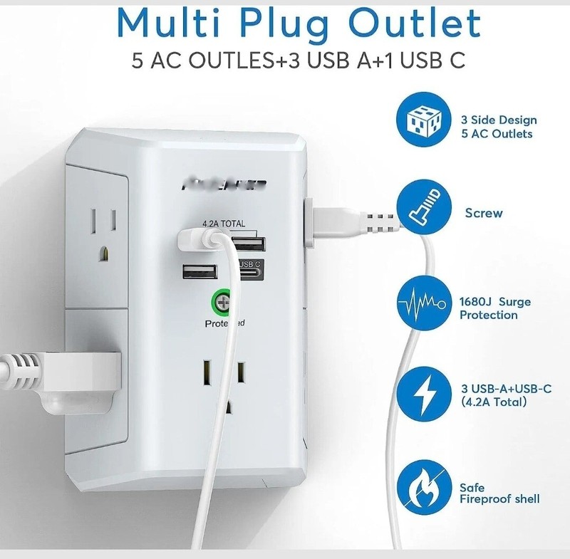USB Wall charger .Multi port (5 plug-ins),3 USB, 1 USB-C, W/ Surge Protector. gallery