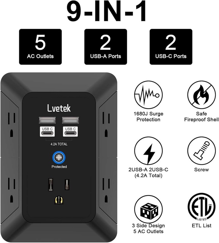 5-Outlet Surge Protector with 4 USB Ports - 1680J Power Strip, Listed, Black gallery