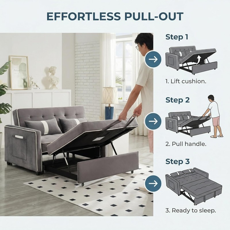 Velvet Sofa Bed with Pull-Out Bed,Side Storage Pockets,Modern Sleeper Sofa.. gallery