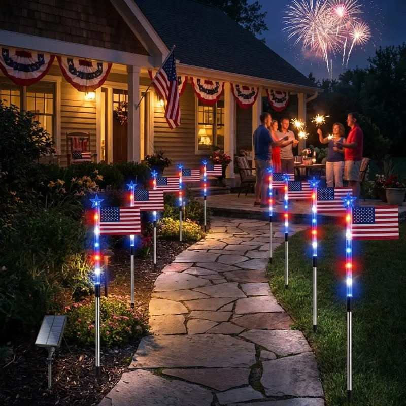 8Pcs Solar American LED Flag Stake Lights Set for 4th of July Garden Yard Decor gallery